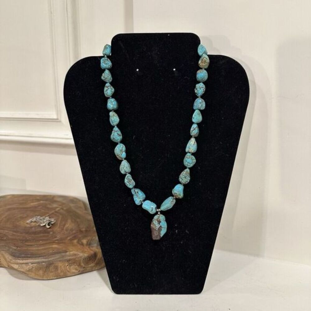 Vtg Native American Turquoise Boulder Nugget Necklace Sterling Silver W Heshi